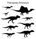 Silhouettes of theropoda dinosaurs. Set. Side view. Monochrome vector illustration of black silhouettes of dinosaurs Royalty Free Stock Photo