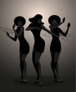 Silhouettes of three dancer and soul singer in the style of the sixties