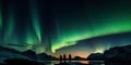 silhouettes of three men who observe an aurora a natural phenomenon of Northern Lights Royalty Free Stock Photo