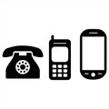 Silhouettes of three phone types illustrate the evolution of telecommunication devices. Royalty Free Stock Photo