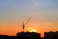 Silhouettes of tower crane and building under construction during sunset Royalty Free Stock Photo