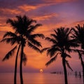 silhouettes of towering palm trees against a blazing orange and pink sky, as the sun dips below the horizon.AI generated