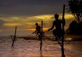 Silhouettes of the traditional Sri Lankan stilt fishermen Royalty Free Stock Photo