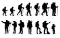 Silhouettes of travelers with backpacks set. hiking, trekking, backpacking