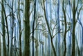 Silhouettes of trees in a fog, misty forest - watercolor illustration