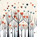 Silhouettes of trees and hearts all around, white background