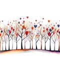 Silhouettes of trees and hearts all around, white background Royalty Free Stock Photo