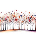 Silhouettes of trees and hearts all around, white background