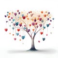 Silhouettes of trees and hearts all around, white background