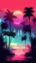 Silhouettes of tropical palm trees and moon on a background of abstract background with neon glow. Royalty Free Stock Photo