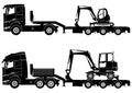 Silhouettes of trucks with excavators