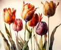 Silhouettes tulips, watercolor painting spring summer colored background, generated ai