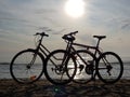 Silhouettes two bicycles parked in the sand beach on a bright sunny summer day Royalty Free Stock Photo
