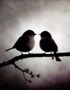 Silhouettes of two birds sitting on the flowering branch. Love concept Royalty Free Stock Photo