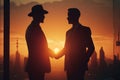 Silhouettes of two businessmen shaking hands against the backdrop of urban development at sunset. Generative AI Royalty Free Stock Photo