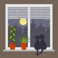 Silhouettes of two cats sitting on a windowsill under the light of the moon. Night city outside the window. Blinds on window and r Royalty Free Stock Photo