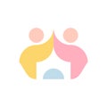 Silhouettes of two children holding hands which negative space looks like kids castle. Cute vector logo mark template or icon