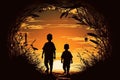 Silhouettes of two children outdoors looking at sunset. Beautiful illustration picture. Generative AI