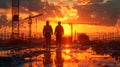 Silhouettes of two construction workers walking on site during a dramatic sunset Royalty Free Stock Photo
