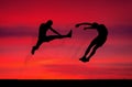 Silhouettes of two fighters on sunset fiery background. Royalty Free Stock Photo