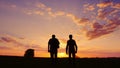 Silhouettes of two men - son and father go together to meet the sunset. Back view.