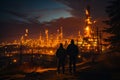 Silhouettes of two men wearing warm jackets stand outdoors. People look at the big well-lit territory of an industrial plant