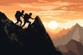 Silhouettes of two people climbing on mountain and helping each other Royalty Free Stock Photo