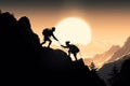 Silhouettes of two people climbing on mountain and helping each other Royalty Free Stock Photo