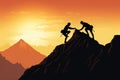 Silhouettes of two people climbing on mountain and helping each other Royalty Free Stock Photo
