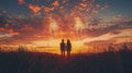 Silhouettes of two people stand in a field at sunset watching fireworks Royalty Free Stock Photo