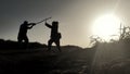 silhouettes of two samurai fighting with swords in the rays of sunset