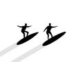 Silhouettes of two surfers riding the waves. Active rest, hobby. Design for banners, posters and promotional items. Vector