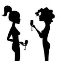 Silhouettes of two talking women with wine Royalty Free Stock Photo