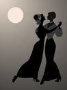 Silhouettes of two women dancing together under the moon