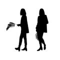 Silhouettes of two young girls of models posing with a palm leaf. For printing and laser cutting. Vector illustration. Royalty Free Stock Photo