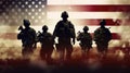 Silhouettes of US soldiers on background of American flag. It is made in style of graphic design. For promotional materials,
