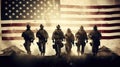 Silhouettes of US soldiers on background of American flag. It is made in style of graphic design. For promotional materials
