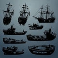 Silhouettes of various historical ships Royalty Free Stock Photo