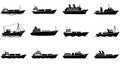 Silhouettes of various ships, including cargo vessels, container ships, and Royalty Free Stock Photo