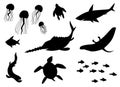 Silhouettes Vector of Fish, Sea life, Marine life, seafood. A set of cute icon collection isolated on white background. Royalty Free Stock Photo
