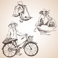 Silhouettes of Vietnam people with fruit, bicycle and boat Royalty Free Stock Photo