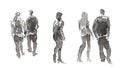 Silhouettes of walking couples and one girl. Isolated on white. Hand drawn sketch with chinese ink on paper textures. Inkdrawn Royalty Free Stock Photo