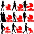 Silhouettes walkings mothers with baby strollers Royalty Free Stock Photo