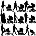 Silhouettes walkings mothers with baby strollers Royalty Free Stock Photo