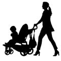 Silhouettes walkings mothers with baby strollers on white background