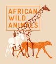 Silhouettes of wild African animals. Giraffe, gazelle, cheetah. Royalty Free Stock Photo