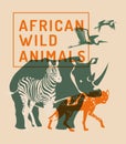 Silhouettes of wild African animals. Hyena, rhinoceros, zebra, heron.