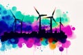 Silhouettes of windmills. Ecology concept. Watercolor paint. Digital art, Generative AI