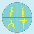 Silhouettes of woman doing yoga exercises. Icons of flexible girl stretching and relaxing her body in different yoga poses. Colorf Royalty Free Stock Photo