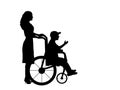 Silhouettes of woman walking child boy in wheelchair Royalty Free Stock Photo